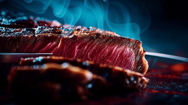 Close-up of chef cutting juicy steak with smoke, showing perfect medium-rare doneness