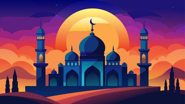 Illustrated mosque at sunset with crescent moon