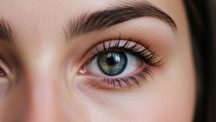 Fototapeta premium A close-up of a woman's eye with long eyelashes and thick eyebrows
