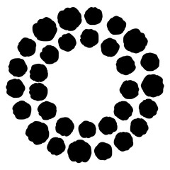 Black and white circular arrangement of stylized flower or berry stamp shapes forming a decorative frame element