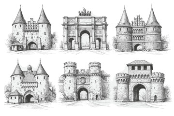 Obraz premium Medieval Castles, Fortress Gates and Stone Towers Hand-Drawn Engraving Illustration Set