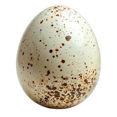 A detailed macro photograph of a white, speckled bird egg isolated on black.
