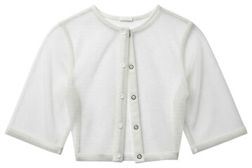 White sheer mesh long sleeve crop top cardigan for women on a transparent background
