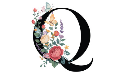 Beautiful alphabet Qwith floral watercolor bouquet