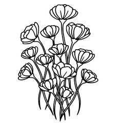 Delicate black and white line art illustration featuring a cluster of stylized, elegant flower blooms on tall, slender stems.
