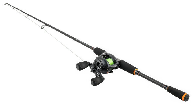 Professional baitcasting fishing rod and reel with neon green line, ready for sport fishing, isolated