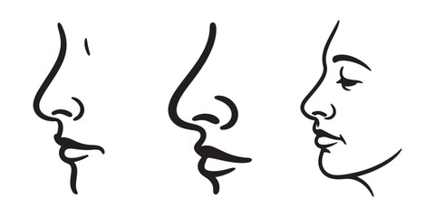 Profile Views of Human Faces and Noses, Minimalist Line Art Isolated on White Background.