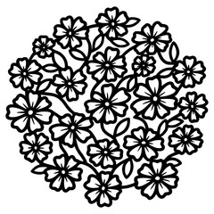 Intricate circular floral mandala design featuring stylized blossoms and swirling vine elements in bold black outline