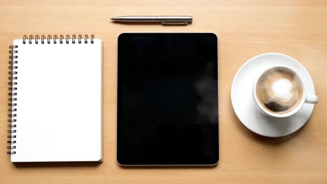 Workspace flat lay notebook tablet coffee cup pen