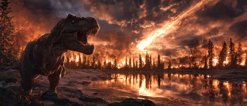 The Tyrannosaurus rex stands upright in fear as a meteorite descends, engulfing the forest in flames and smoke while reflected in the river
