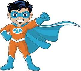Cute cartoon superhero boy character smiling confidently, colorful costume and cape, kids hero illustration for education, comics, games, imagination