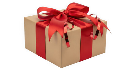 Obraz premium Brown gift box with red ribbon and bow isolated on transparent background