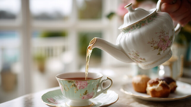 Interior shot of a cozy vintage tea room, faceless person pouring Earl Grey tea from a porcelain teapot, Traditional British afternoon tea, soft spring light through the window, wi