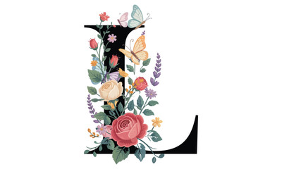 Beautiful alphabet L with floral watercolor bouquet