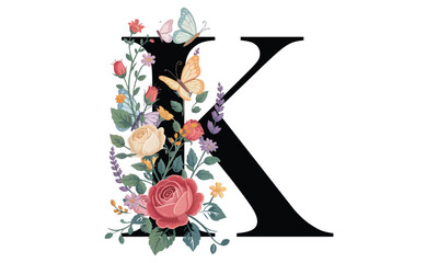 Beautiful alphabet K with floral watercolor bouquet