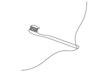 Obraz premium Minimalist continuous one line drawing of a toothbrush. Clean vector illustration perfect for dental clinic branding and oral hygiene concepts.