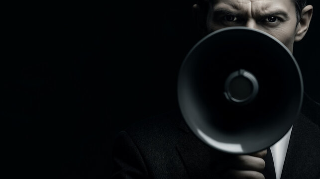 Protester with black megaphone in intense moment. Ideal for activism, protest, communication, social justice, demonstrations, rally, and relationships.