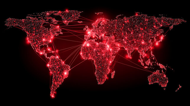 A red illuminated world map made of digital points, representing global cyber attacks, data security risks and worldwide digital conflict