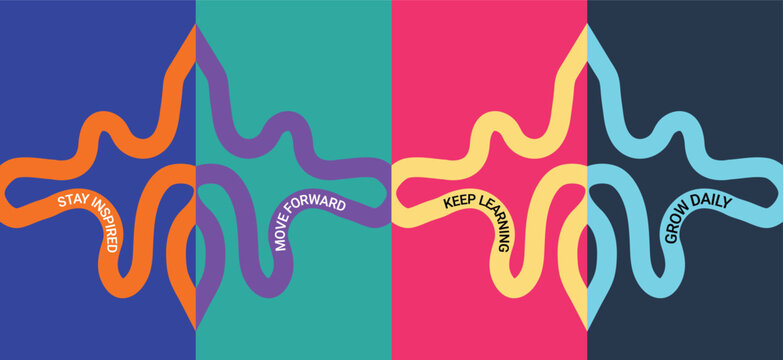 Abstract colorful design featuring wavy lines and motivational phrases split into four panels Editable