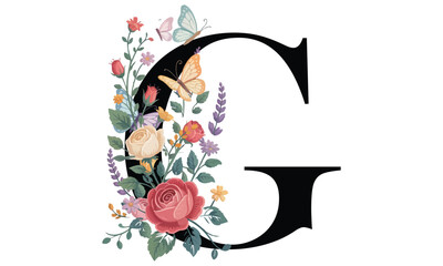 Beautiful alphabet G with floral watercolor bouquet