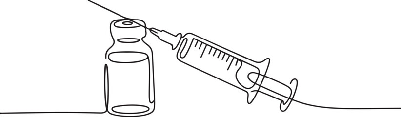 Continuous one line drawing of syringe and vial - medical equiptment.one line vector illustration with white background