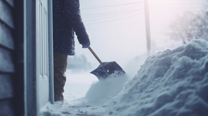 Person is shoveling deep snow from a residential doorway, creating a clear path in front of the house during winter