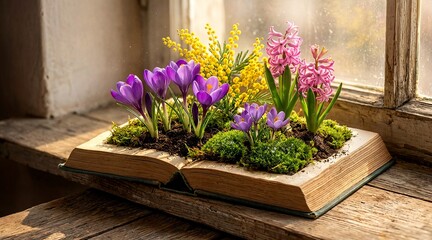 Open book with colorful flowers and moss on rustic wooden table  