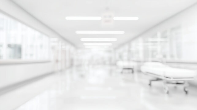 Blurry image shows an all white hospital corridor with beds inside. Suitable for medical presentations, design projects, and educational materials needing a hospital setting. Ideal for healthcare 