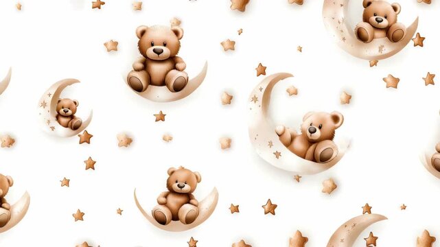 Cute bears gather around moons and stars in a playful design for children, spreading warmth and joy in colorful patterns