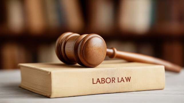 Wooden gavel resting on a legal book titled LABOR LAW, representing employment rights, legal systems, and courtroom justice