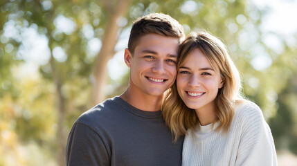 Naklejka premium Young couple joyfully smiling side by side outdoors, representing genuine happiness, love, and a strong romantic bond