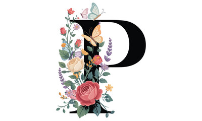Beautiful alphabet P with floral watercolor bouquet