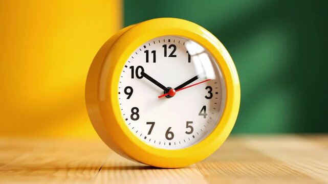 Bright yellow clock on wooden surface