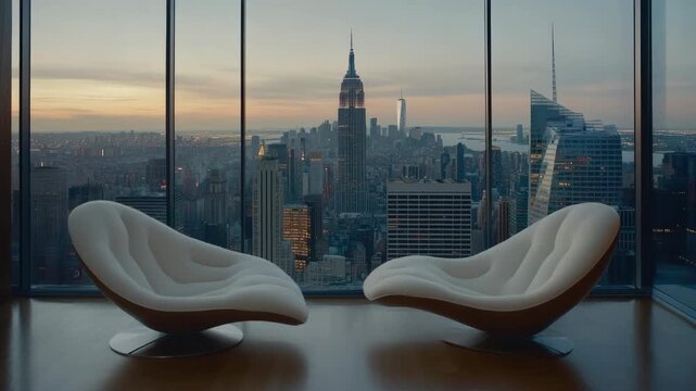 Two chairs are set near a window with a view of tall buildings at sunset. The sky changes colors as the day ends