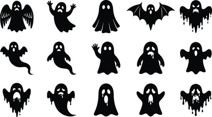 Obraz premium Black ghost silhouette icons set for halloween party decoration spooky cartoon character stickers kids design and social media graphics