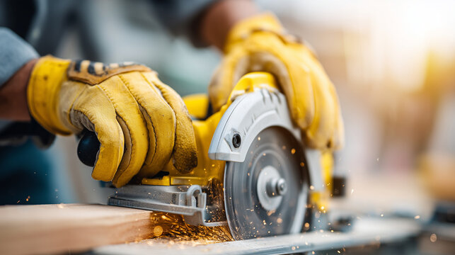 Close-up of faceless hands in yellow work gloves operating a circular saw, sparks flying against a blurred wooden background, Home Renovation concept, precision and safety, morning