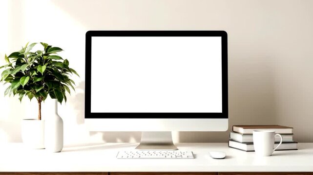 Minimalist Workspace With Computer And Accessories On White Desk.
