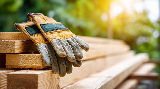 Minimalist shot of a stack of new lumber and a pair of professional work gloves resting on top, Construction Materials concept, fresh wood smell, outdoor setting, spring sun, with