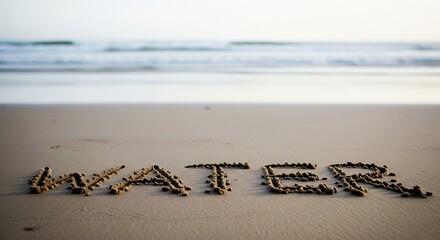 Artistic Sand Writing of the Word Water on a Serene Beach Background at Sunset