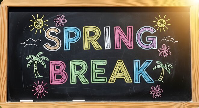 Colorful Spring Break Chalkboard Sign with Palm Trees.