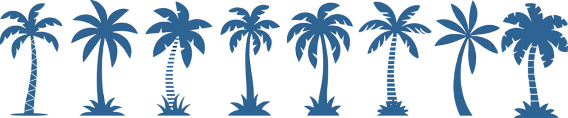 Palm tree silhouette set, tropical coconut palm collection, summer beach vector illustration, island nature design elements isolated on white background