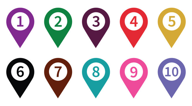 Vector illustration of 10 colorful location pin icons with numbers from 1 to 10. Numbered location pin icon vector set. Map marker symbol set with 1 to 10 numbers.