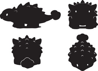 Cute Cartoon Armored Dinosaur Silhouette Vector Pack: Four Views of Minimalist Spiky Prehistoric Creature Icon for Kids Toys, Paleontology Logos, and Jurassic Park Themes © mdsohrab