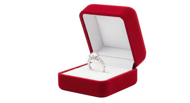 Open red velvet jewelry gift box with diamond ring inside isolated on transparent background