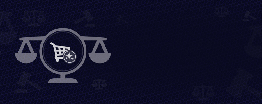 AI in Consumer Law and E-Commerce Justice, Scales of Justice with Shopping Cart and AI Sparkles Vektor Illustration, Copy Space for Legal Technology Design