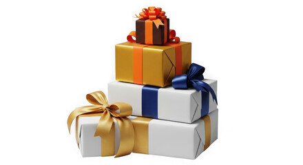 Obraz premium Stack of beautifully wrapped gifts with colorful ribbons and bows isolated on transparent background