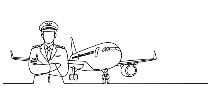 A continuous line art drawing of a confident pilot standing in front of an airplane Vector, illustration