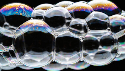 Fototapeta premium Vibrant iridescent bubbles floating in mid-air on black background