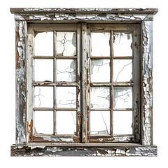 An old, heavily weathered wooden window frame with multiple broken and cracked glass panes against a dark background.