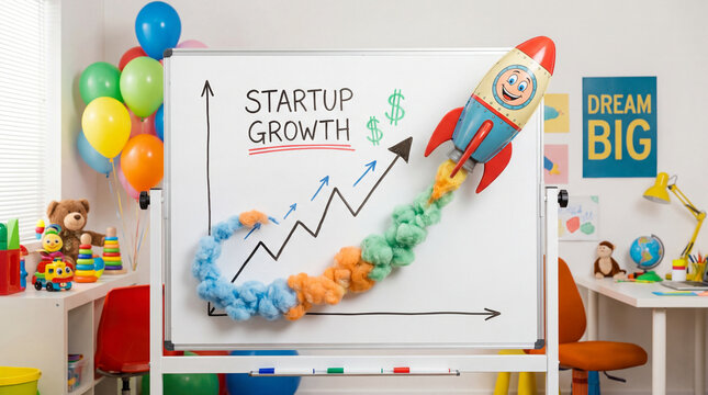 Startup growth chart with toy rocket taking off, colorful smoke trail, balloons and playful office decor inspiring ambition